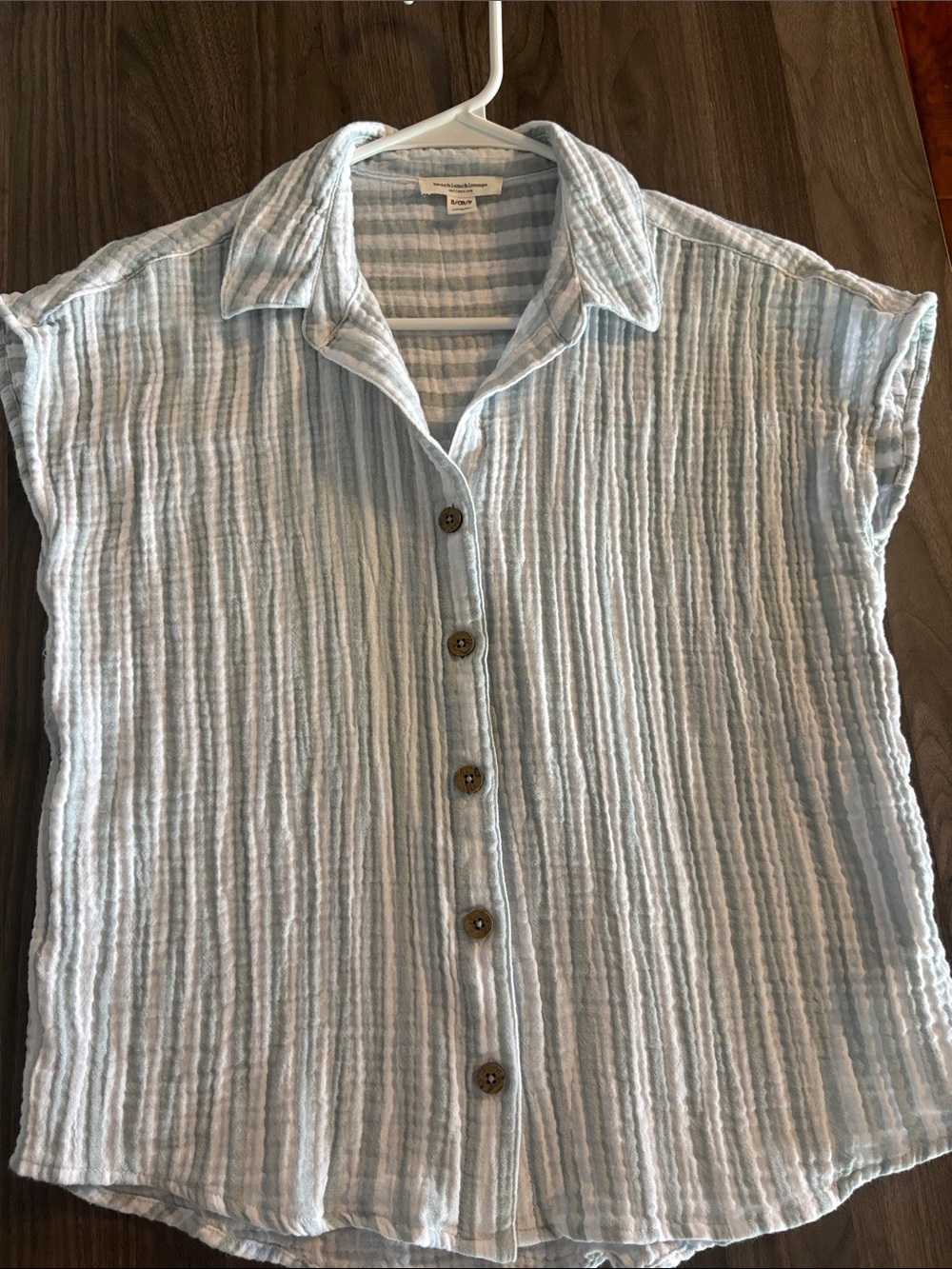 100% Cotton Pale Green and White Striped Button-Down Gauze Top